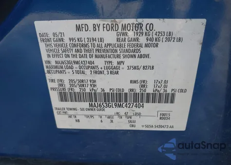 2021 Ford Ecosport Se z USA, uszkodzony, nr VIN MAJ6S3GL9MC427404